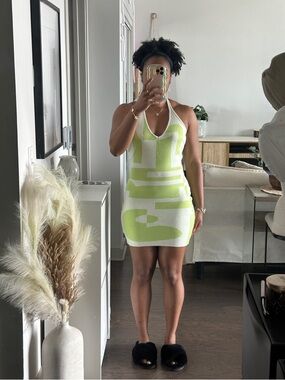 Halter-Neck Lime Graphic Knit Mini Dress